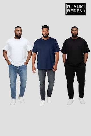 Superlife Büyük Beden Erkek Basic 3xl-6xl Bisiklet Yaka 3'lü Tişört Seti Spr26bts510+3 Whıte-navy-black