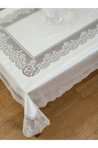 Çini Desenli Örme Leke Tutmaz Masa Örtüsü Ekru