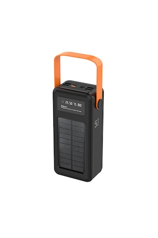 50000 Mah Solar Güneş Enerjili Powerbank - Dijital Göstergeli Led Fenerli Taşınabilir Kampçı Batarya Siyah