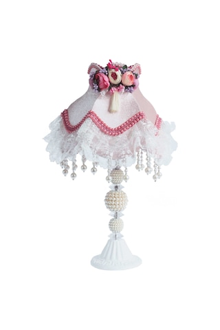 Kokoş Model Kadife Kaplı Çiçek Dekorlu Pudra Pembe Abajur