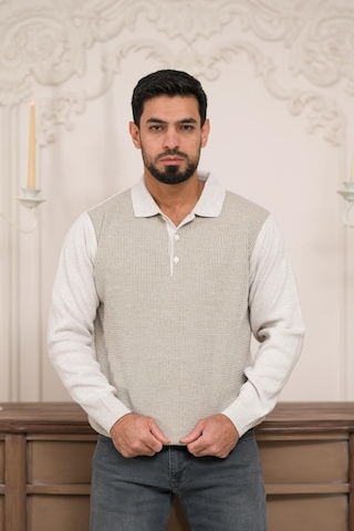 Woolen World Polo Yaka Armürlü Yünlü Erkek Triko Kazak Krem