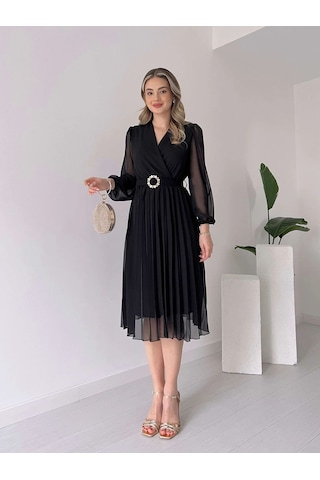 Tua Moda Kadın Şifon Kumaş Astalı Kloş Kesim Kruvaze Yaka Midi Boy Elbise Siyah