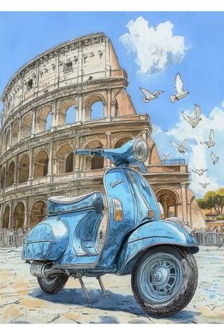 Roma Kolezyum Ve Mavi Vespa Çizim Tasarımlı Kanvas Tablo, Retro İtalya Seyahat Temalı