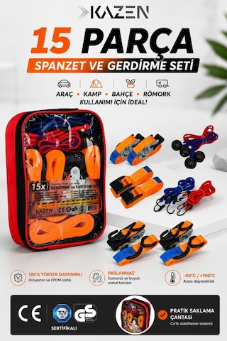 Kazen 15X Parça Spanzet Bagaj Lastiği Gerdirme Halat + Kayış Seti