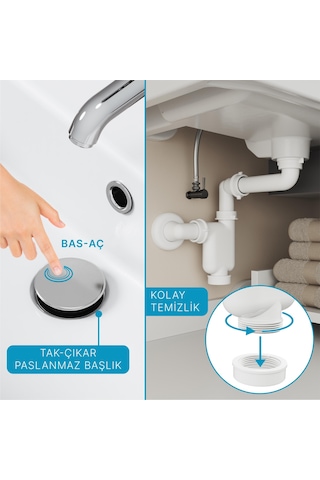 Aqua Bagno Smart Pop-up Sifon , Taşma Delikli Krom +comfort Yer Kazandıran Lavabo Sifonu -2 Parça Set