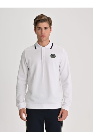 Fenerbahçe Beyaz Tribün Tek Renk Logolu Uzun Kollu Erkek Polo Tshirt