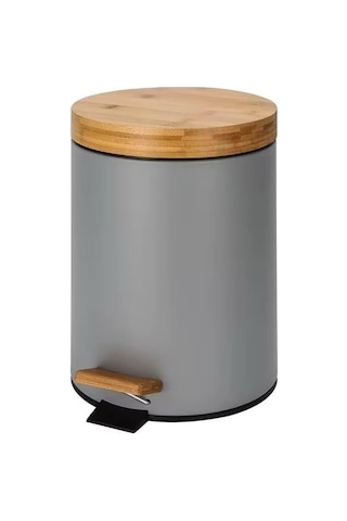Bambu Kapaklı Metal Çöp Kovası - Hidrolik Sistemli Yavaş Kapanma Özellikli, Pedallı, Banyo Ve Mutfak İçin Şık Ve Fonksiyonel Tasarım Gri, 5 Litre Siyah