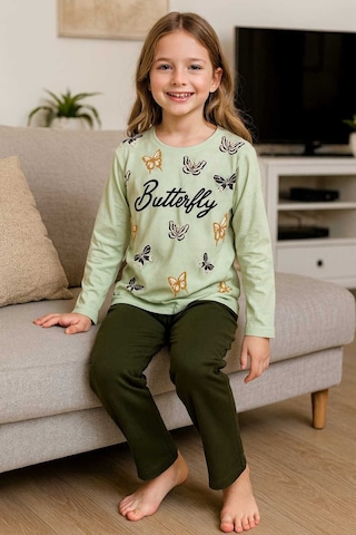 Kız Çocuk Pijama Takımı %100 Pamuk Yeşil