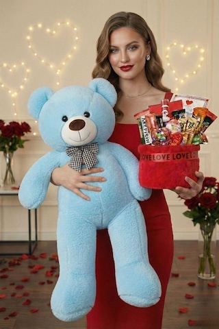3 Lü Sevgililer Günü Hediye Seti 90 Cm Peluş Ayı, Love Çikolata Sepeti & Mavi Peluş Ayıcık Buketi