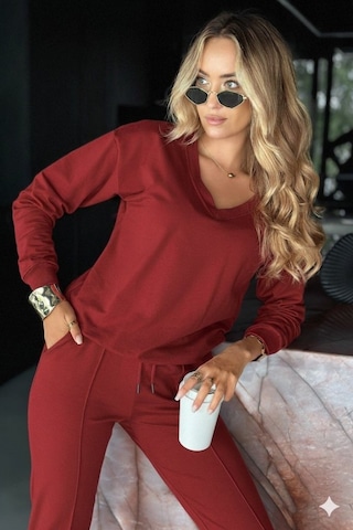 Alyn Wear Kadın Uzun Kollu V Yakalı Viskon Iki Iplik Bluz Ve Pantolon Ikili Takım Kırmızı
