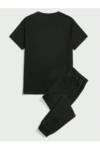 Ny T-shirt Eşofman Altı Jogger - Siyah Baskılı Alt Üst Eşofman Takım Oversize Bisiklet Yaka Siyah