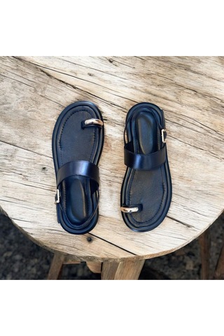 Ne&ve Shoes Siyah Hakiki Deri Parmak Arası Kadın Günlük Sandalet