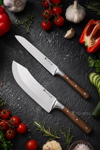 Hand Craft Mutfak Bıçak Seti Et Ekmek Sebze Şef Bıçağı 2 Li Set Günlük Kullanım Mft-2458 Ceviz