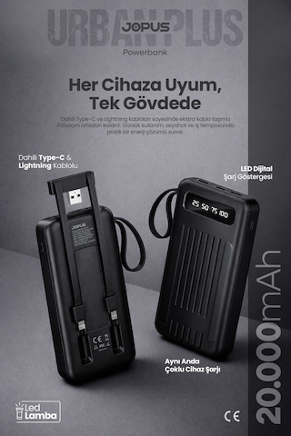 Jopus 20000mah Powerbank Dahili Kablolu, Lcd Ekranlı, Led Lambalı, Taşınabilir Şarj Cihazı Siyah