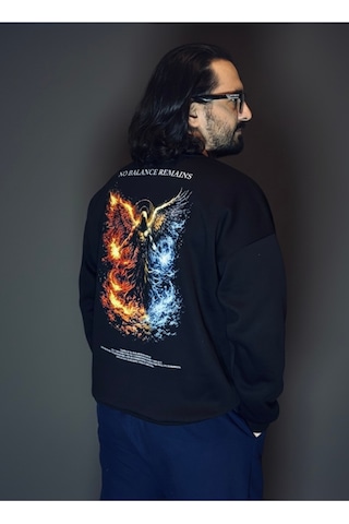 Dark Line No Balance Remains Sırt Baskılı %100 Pamuk Unisex Siyah Oversize Sweatshirt Siyah