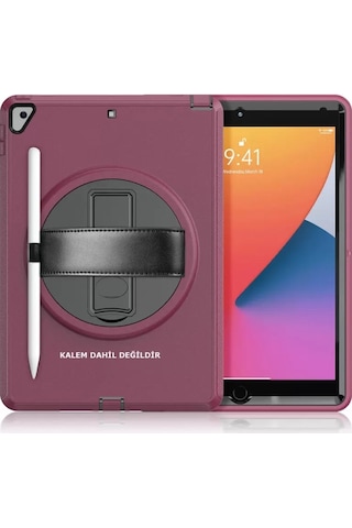 Apple iPad Uyumlu 10.2 7.nesil Kılıf Hand Strap Tablet Kılıfı - Mürdüm Arka Kapak