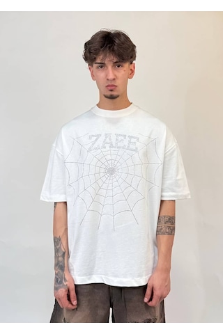 Zaee Spider Taş İşlemeli Oversize Tişört Beyaz