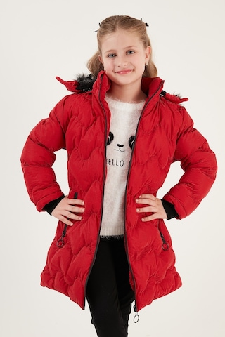 Lela Peluş Astarlı Yakası Suni Kürklü Çıkarılabilir Kapüşonlu Kışlık Kız Çocuk Mont 5761905 Kırmızı