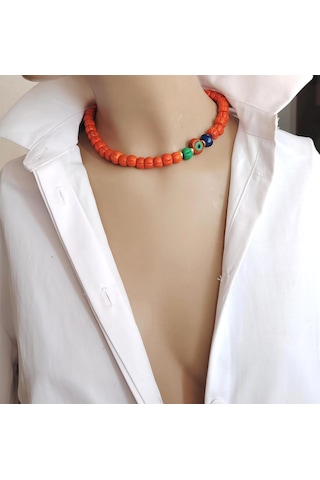 Turuncu Cam Kabak Boncuk Nazar Detaylı Choker Kolye Turuncu