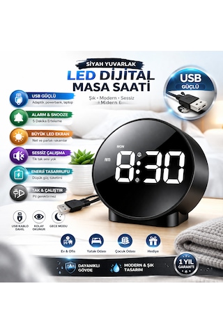 Siyah Yuvarlak Led Dijital Masa Saati Usb Güçlü Alarm Ve Snooze Özellikli Büyük Ekran Masaüstü Saat