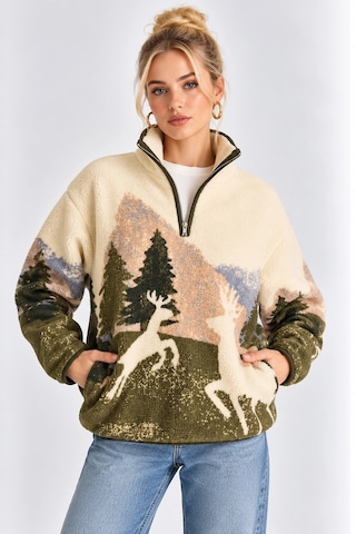 Mevese Cepli Ve Yarım Fermuarlı Dik Yaka Desenli Kadın Oversize Polar Sweat - Krem-yeşil