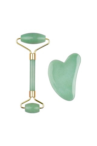 Gajeena Yeşil Jade Güzellik Aleti Seti: Kalp Şekilli Gövde/ Yüz Tırnak Ve İki Uçlu Rulman - Kas Gevşetici, Kuru Cilt Bakımı, Güzellik Masajı Yeşil