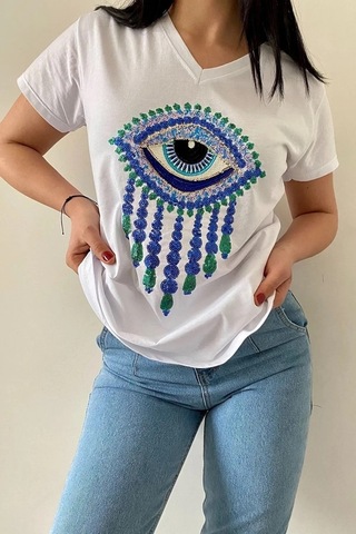 Cassime Kadın Beyaz V Yaka Göz Pul Payet Işlemeli %100 Pamuk Tişört S-m-l-xl-2xl-3xl