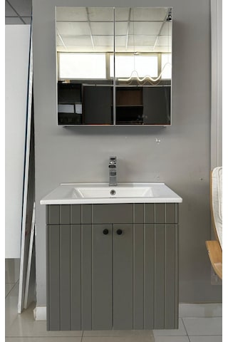 Banyo Dolabı Aynalı Cnc İşlemeli 65 Cm Gri Kulplu