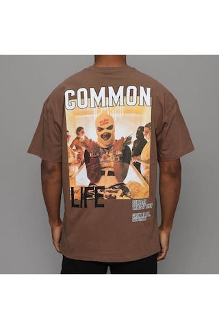 Flood Of Style Erkek Kahverengi Common Baskılı Oversize Bisiklet Yaka Tshirt
