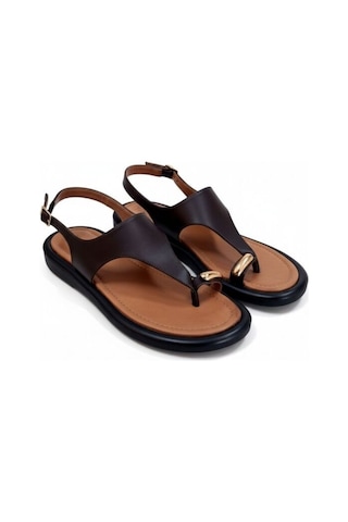 Ne&ve Shoes Kahve Hakiki Deri Aksesuar Detaylı Parmak Arası Kadın Arkadan Tokalı Sandalet Kahverengi