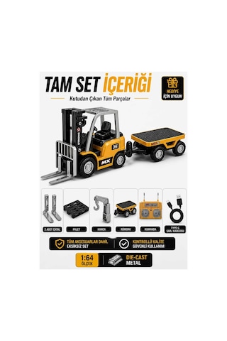 Uzaktan Kumandalı Şarjlı Mini Forklift 1:64 Die-cast Metal - Römorklu Çatallı Kancalı Tam Set 11 Cm Çok Renkli
