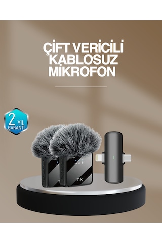 2 Li Kablosuz Yaka Mikrofonu Type-c Ve Lightning Uyumlu Profesyonel Set