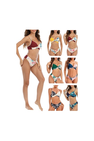 Mufunye Kadın İki Parça Bikini Mayo, Baskılı Desen, Ayarlanabilir Askı, Dolgulu Sütyen, Sarı, Asya Numara Xl 8830 Sarı