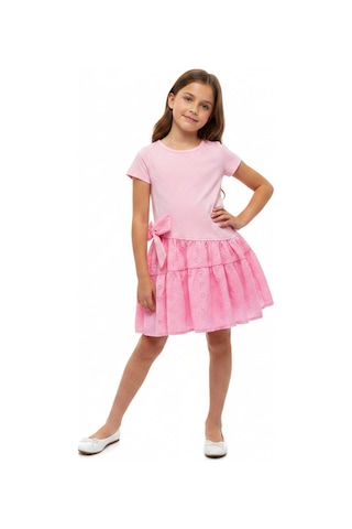 Toontoy Kids Toontoy Kız Çocuk Regular Fit Bisiklet Yaka Fiyonk Detaylı Brode Etekli Kısa Kollu Elbise 25050 Pembe