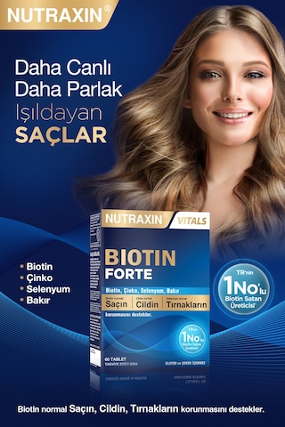 Nutraxin Biotin Forte 5.000 Mcg 60 Tbl - Biyotin, Çinko, Selenyum, Bakır Saç ve Tırnak Vitamini
