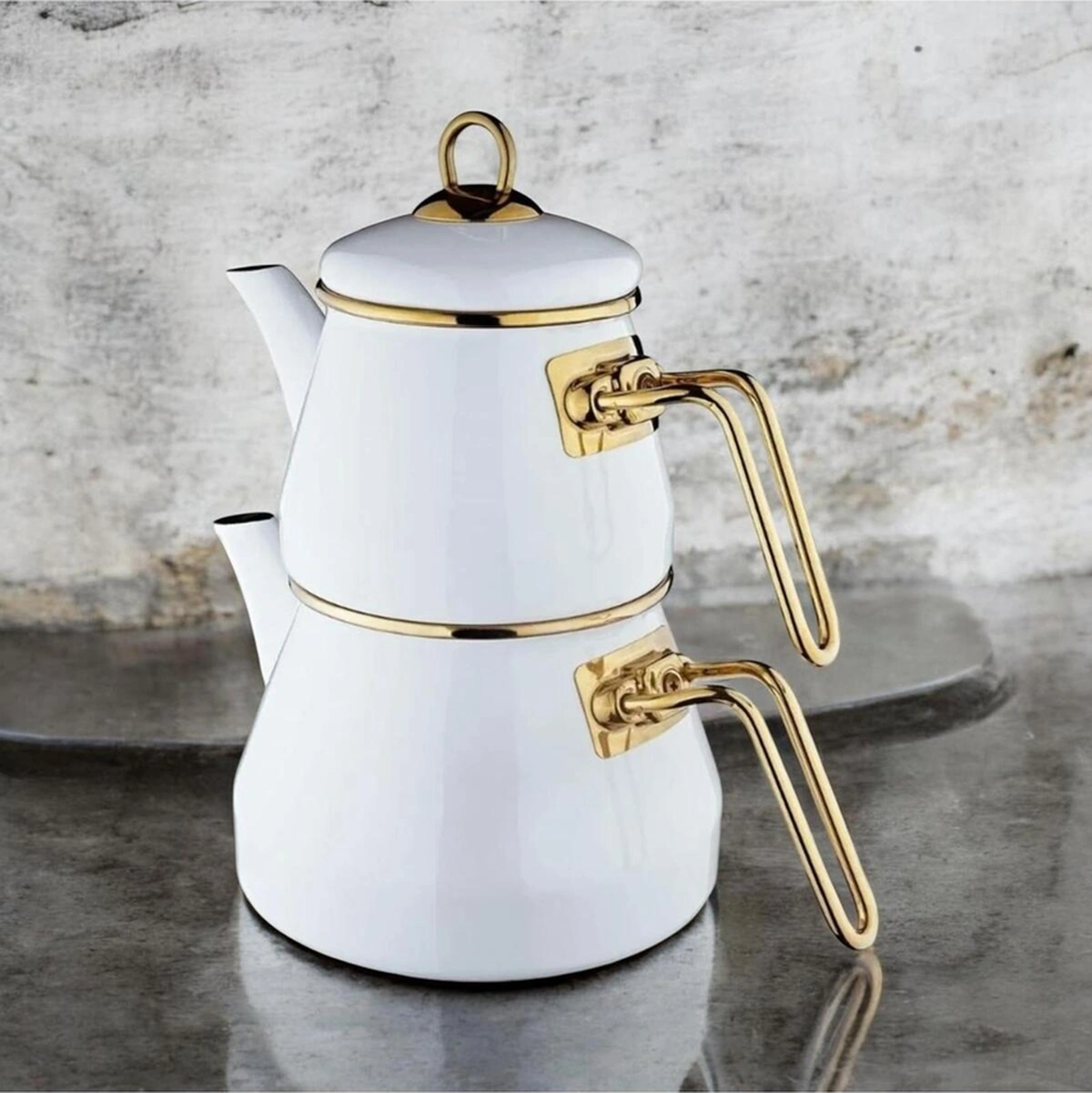 Taşev Robin Emaye Çaydanlık Takımı Beyaz Beyaz