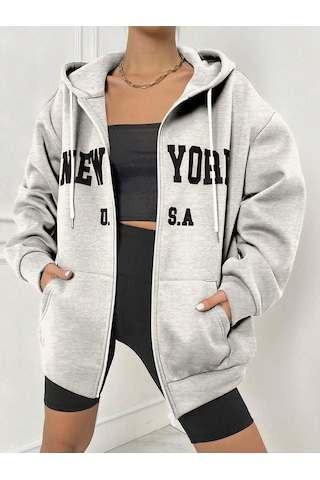New York U.s.a Fermuarlı Hırka Sweatshirt - Gri Baskılı Oversize Kışlık Kalın Kapüşonlu Gri