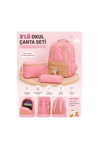 Pink 3 Lü Çanta Okul İlkokul Seti Kalemlik Çanta Beslenme Termoslu Çantası 40 Cm Su Dayanıklı Pembe