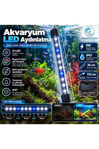Akvaryum Işığı - Balık Işığı - 36 Cm - 12 Led - Mavi Beyaz - Açma Kapatma Tuşlu - 6w - Güçlü Işık
