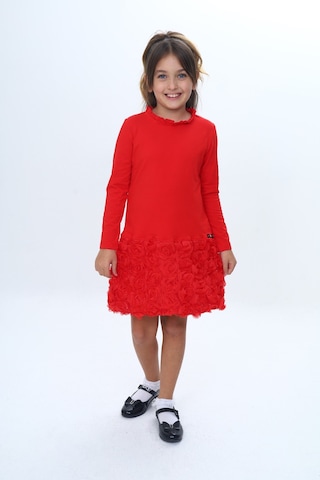 Toontoy Kız Çocuk Yaka Fırfır Etek 3d Güllü Elbise Kırmızı