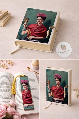 Kitap Kılıfı Ve Metal Kitap Ayracı Seti Frida Kahlo Kelebekler