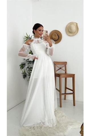 Dip Moda Dipmoda Kadın Beyaz Tül Drapeli Uzun Abiye Elbise Nbswll07 Beyaz