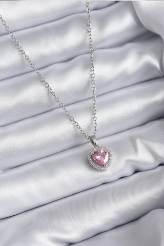 Ezoconcept 316l Çelik Zincir Gümüş Renk Pembe Zirkon Taş Charm Model Kadın Kolye