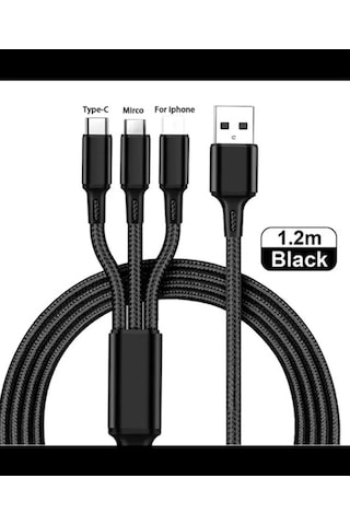 3 In 1 Type C Micro Usb 3'Lü Hızlı Şarj Kablosu 3 Amper
