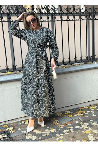 Defymoda Kadın Uzun Kollu Bisiklet Yaka Papatya Desen Kuşak Dahil Maxi Boy Elbise Siyah