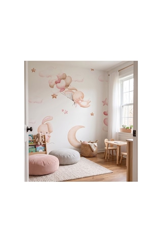 Pembe Bulutlar Bunny Çocuk Odası Poster Duvar Kağıdı Çok Renkli