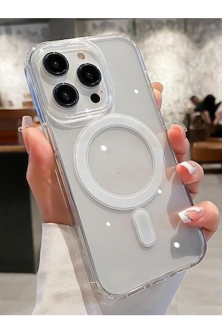Iphone Uyumlu 15 Pro Max Kılıf Magsafe Wireless Kablosuz Şarj Destekli Sert Silikon Şeffaf Kapak