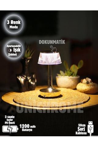 3 Işık Renkli Şarjlı Masa Lambası Gold Metal Görünümlü Gece Lamba