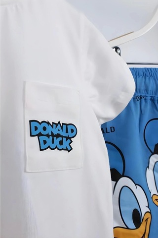 Unisex Bebek & Çocuk Donald Duck Baskılı Pamuklu Bisiklet Yaka Beyaz T-shirt Ve Şort Alt Üst Takım Beyaz