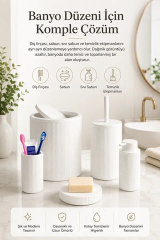 Beyaz Banyo Düzenleyici Set 5 Parça Çöp Kovası Tuvalet Fırçası Sabunluk Fırçalık